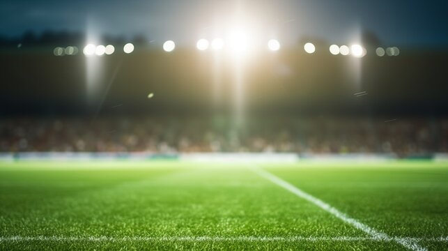 Green grass macro in sports arena  with lights background. Close up of  soccer field lines. Background soccer lawn grass football stadium ground view.