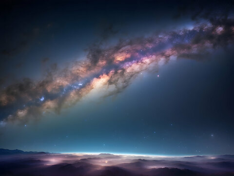 Vivid Sky Over a Blue Planet with Stars and Clouds