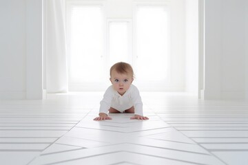 Naklejka premium cute little baby boy learning to crawl on the floor in a bright white living room, baby smiling, playing, early development of children