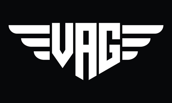 VAG three letter logo, creative wings shape logo design vector template. letter mark, word mark, monogram symbol on black & white.