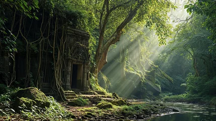 Foto op Aluminium Ruins of an ancient temple, in the middle of lush, green forest. River, ancient trees covered with moss and vines, rays of sun passing through canopy of ancient trees. © unicusx