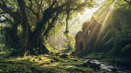 Ruins of an ancient temple, in the middle of lush, green forest. River, ancient trees covered with moss and vines, rays of sun passing through canopy of ancient trees.