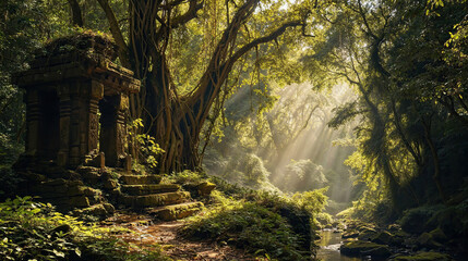 Ruins of an ancient temple, in the middle of lush, green forest. River, ancient trees covered with moss and vines, rays of sun passing through canopy of ancient trees.
