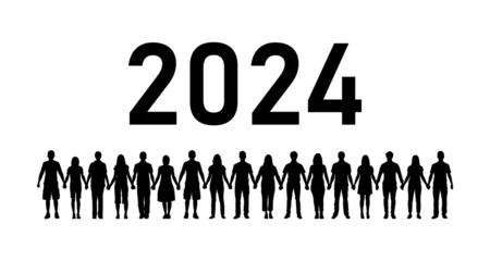 Foto op Plexiglas Chain of people standing hands together welcoming new year 2024 vector silhouettes. Human chain holding hands together facing the year 2024 silhouettes. © Andreas