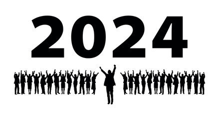 Happy people standing and raising hands together welcoming new year 2024 silhouettes. Happy new year 2024 people silhouettes. - obrazy, fototapety, plakaty
