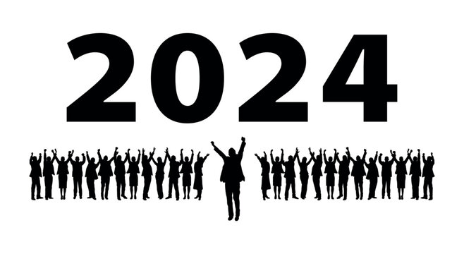 Happy People Standing And Raising Hands Together Welcoming New Year 2024 Silhouettes. Happy New Year 2024 People Silhouettes.