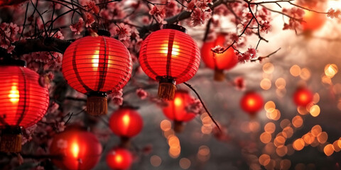 Red paper Chinese lanterns hang on sakura branches for Chinese New Year, banner