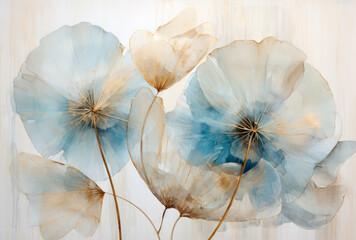 Silhouettes of beautiful plants on canvas.Gold, black, blue and gray colors. Interior painting. Beautiful background. Generative AI.