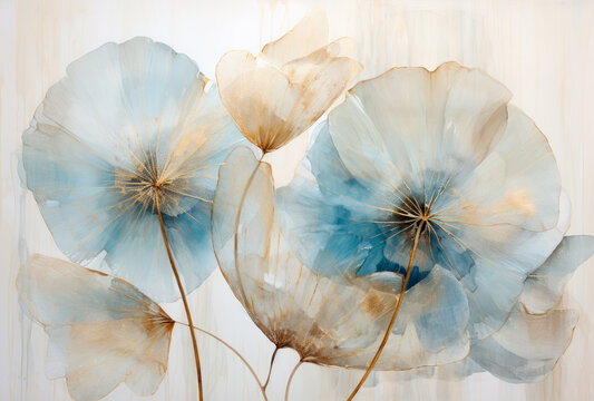 Fototapeta Silhouettes of beautiful plants on canvas.Gold, black, blue and gray colors. Interior painting. Beautiful background. Generative AI.