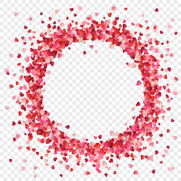 Vector frame of falling red and pink hearts confetti on the transparent background. Heart confetti for Women's Day, Valentine’s Day, for greeting cards, wedding invitation.