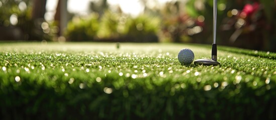 Miniature golf equipment in artificial grass.