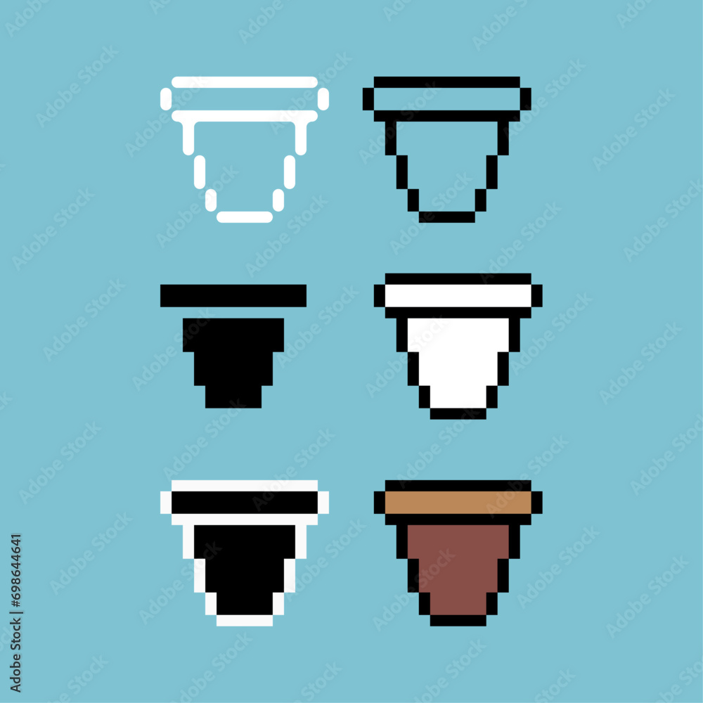 Poster pixel art sets of plant pot icon with variation color item asset. pot icon on pixelated style. 8bits
