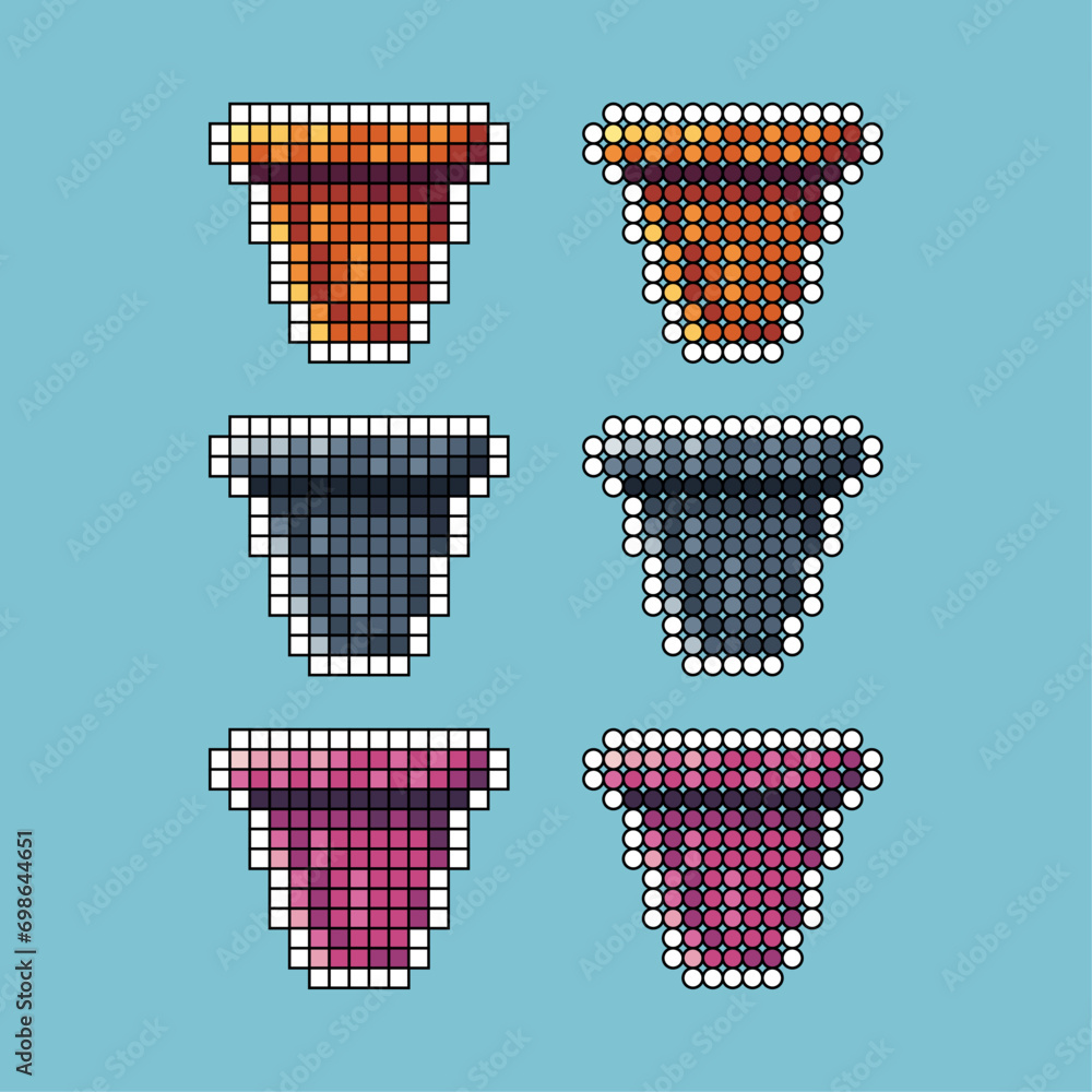 Poster pixel art sets of plant pot icon with variation color item asset. pot icon on pixelated style. 8bits