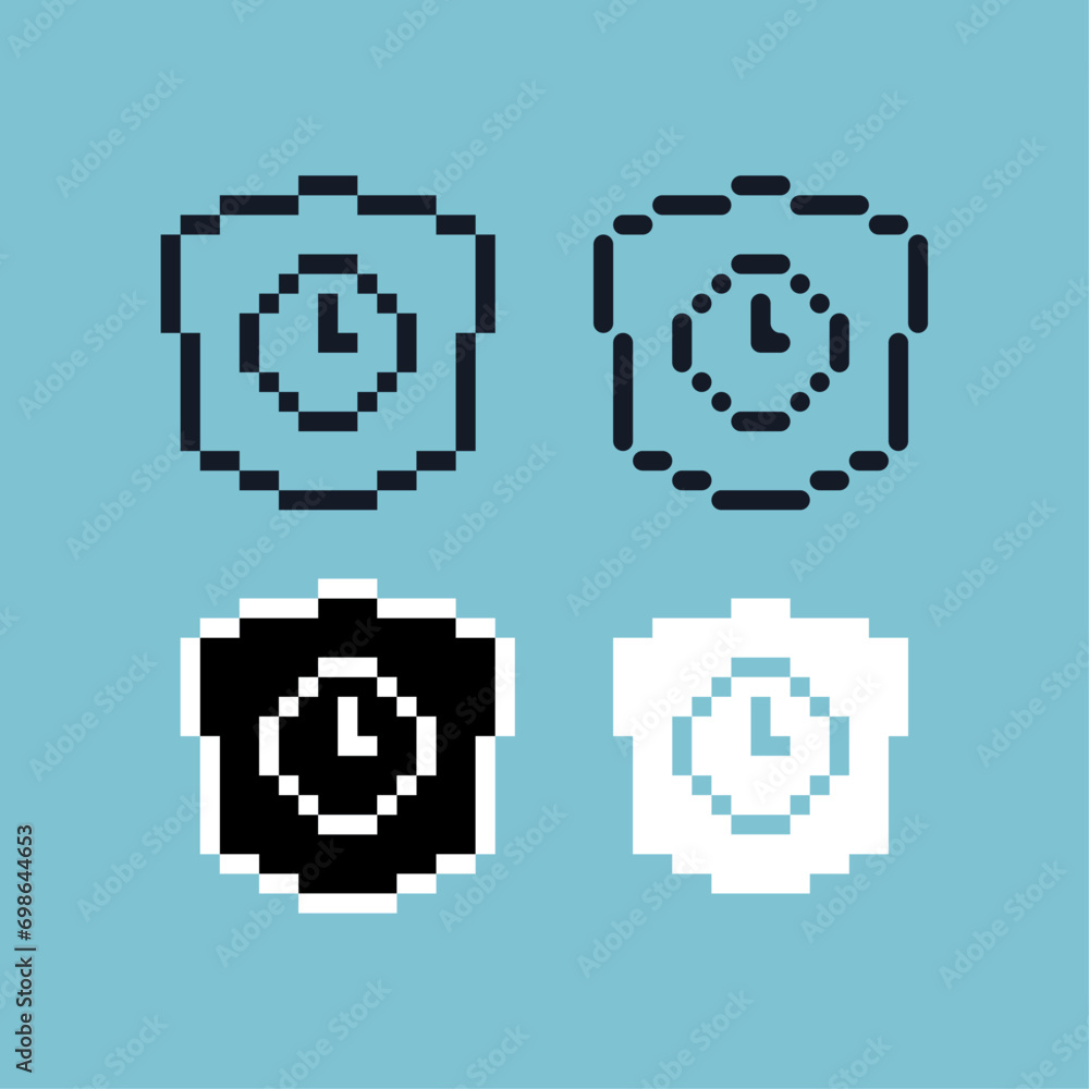 Poster pixel art sets of shield time icon with variation color item asset.shield time icon on pixelated sty