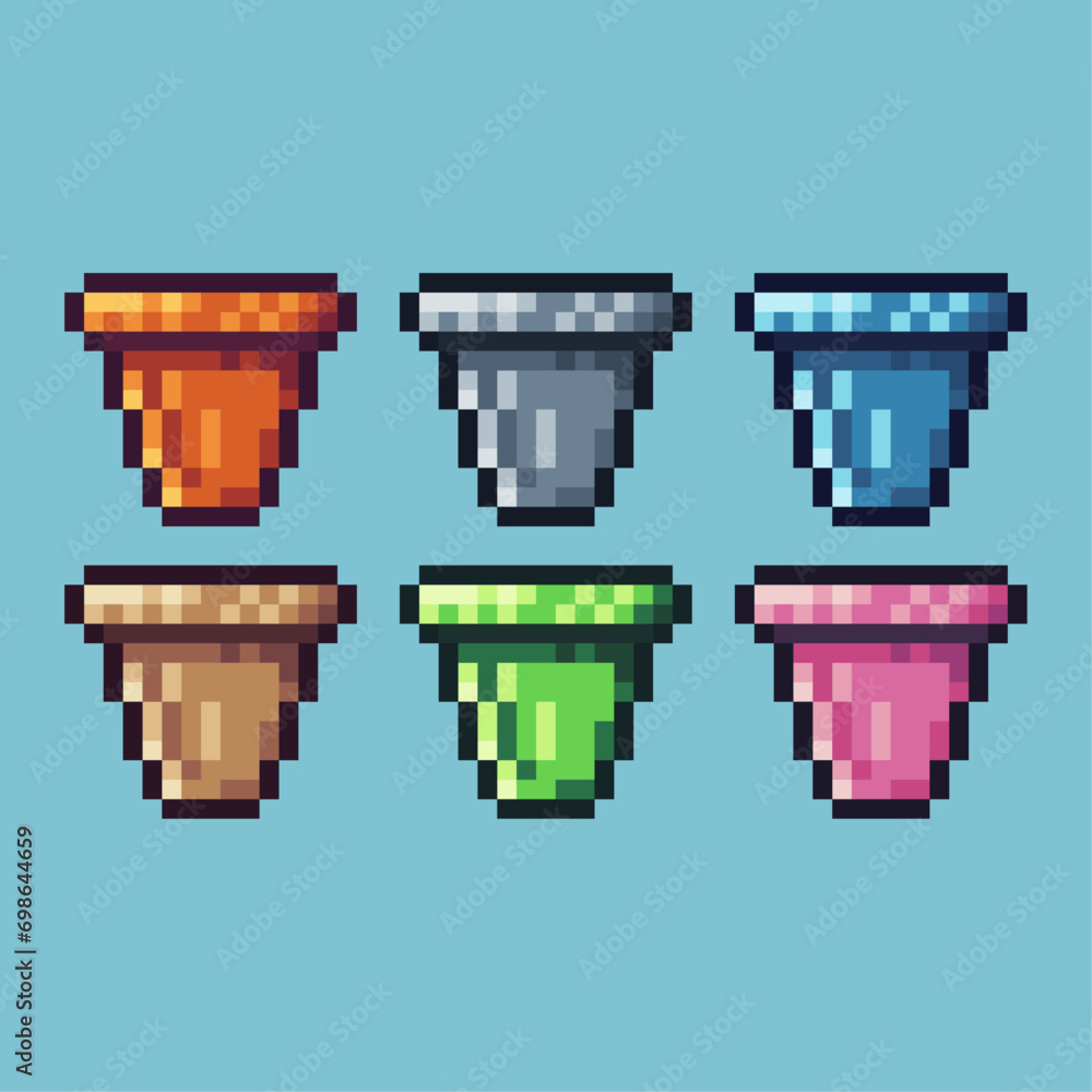 Poster pixel art sets of plant pot icon with variation color item asset. pot icon on pixelated style. 8bits