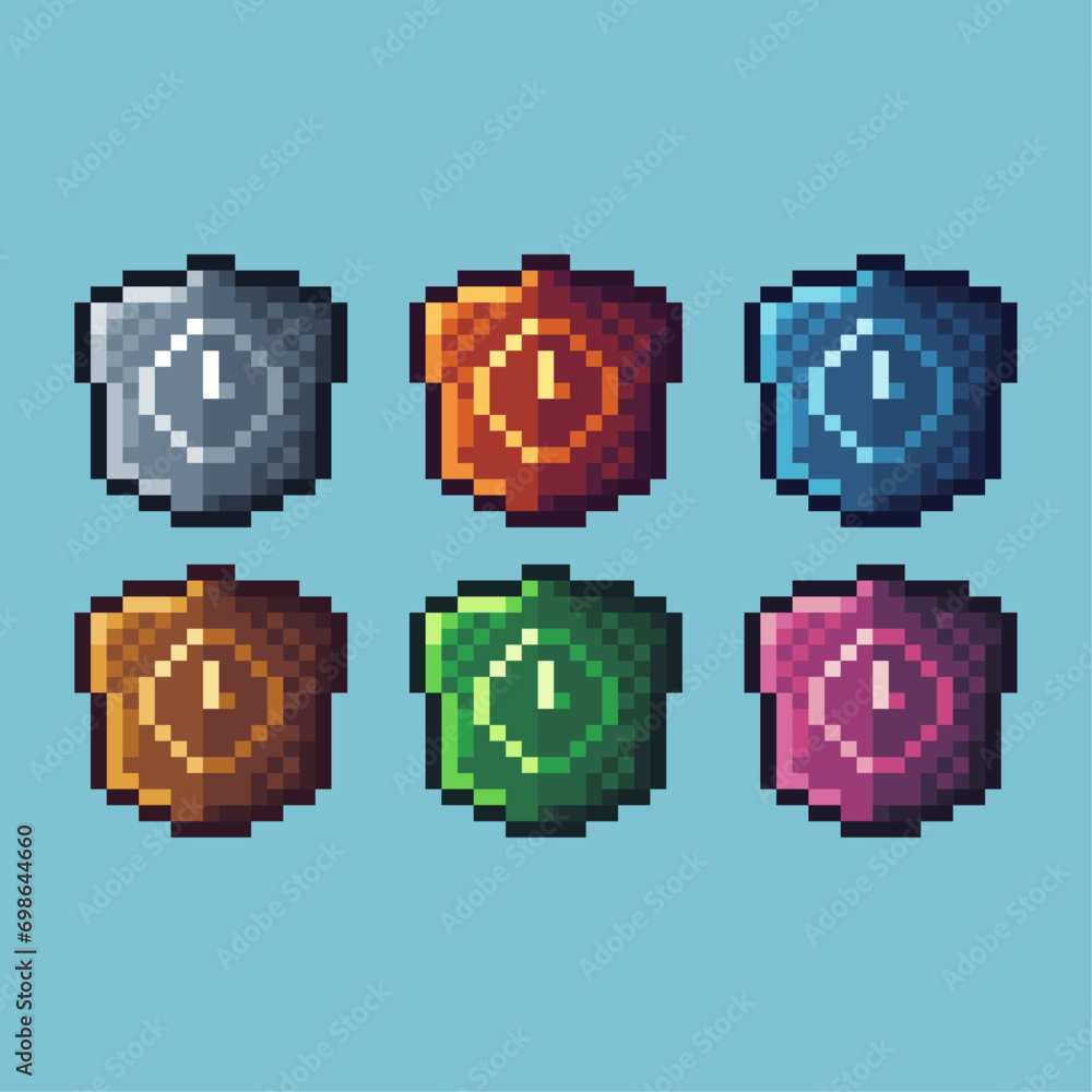 Poster pixel art sets of shield time icon with variation color item asset.shield time icon on pixelated sty