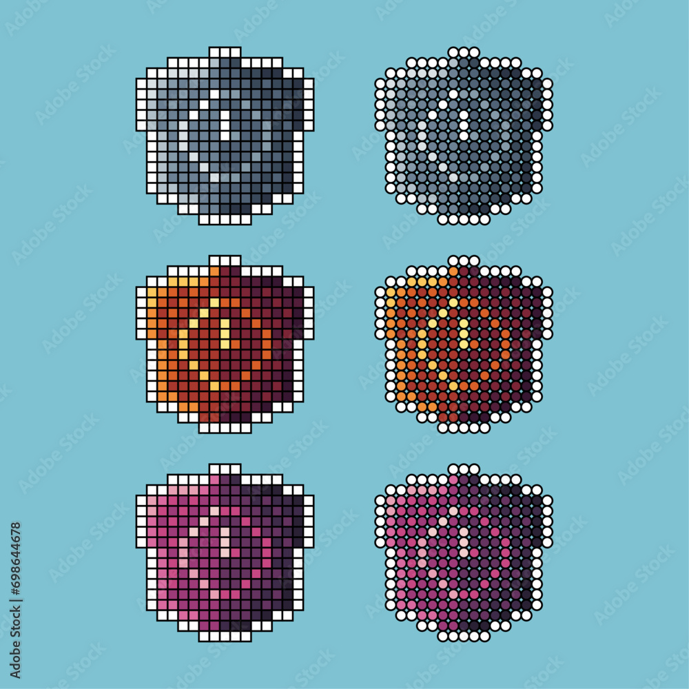 Poster pixel art sets of shield time icon with variation color item asset.shield time icon on pixelated sty