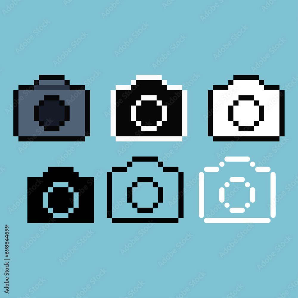 Poster pixel art sets of camera icon with variation color item asset.camera icon on pixelated style. 8bits 
