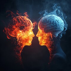 a man and woman with a brain and fire - obrazy, fototapety, plakaty