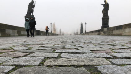 Creepy stone bridge in the fog