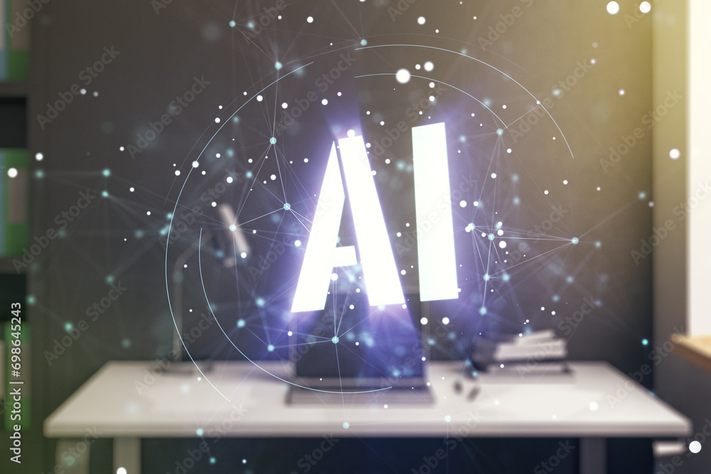 Aufkleber Creative artificial Intelligence symbol concept and modern desktop with computer on background. Multiexposure