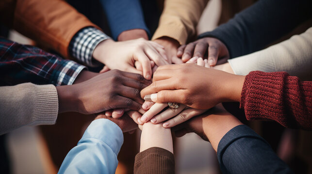 Diverse Multi-Ethnic Hands in Unity: Teamwork and Collaboration Concept - People from Different Cultures Joining Together for Harmony and Solidarity Worldwide.