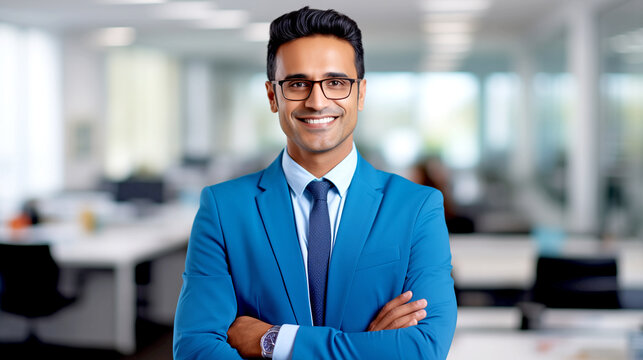 Smiling Indian Businessman Standing in Office With Crossed Arms, Corporate Photo.