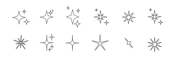 Minimalist silhouette Star icons, star shape vector set. Abstract y2k sparkles. Twinkling stars, abstract sparkle black silhouettes symbol shining burst. Vector