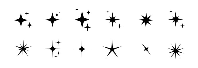 Minimalist silhouette Star icons, star shape vector set. Abstract y2k sparkles. Twinkling stars, abstract sparkle black silhouettes symbol shining burst. Vector