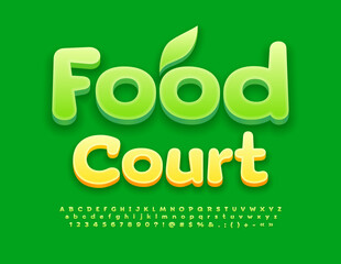 Vector advertising logo Food Court. Creative Green Font. Cute 3D Alphabet Letters and Numbers