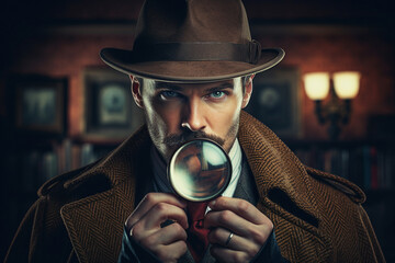 Old fashioned secret agent detective retro trench coat hat glasses Generative AI motion picture retro movie