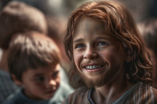 A lifelike painting of Jesus smiling, beckoning children. Created with modern methods. Generative AI