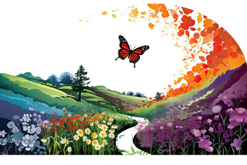 butterflies in a garden, representing mental health resilience, rebirth, transformation, freedom, metamorphosis, and positivity.  Symbolic of overcoming obstacles and adversity.