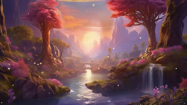 Outdoor Fantasy Dream With Aurora And Peaceful River Animation, Seamless Looping Video 4k