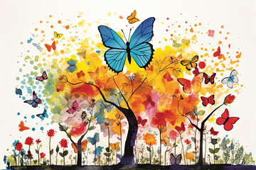 butterflies in a garden, representing mental health resilience, rebirth, transformation, freedom, metamorphosis, and positivity.  Symbolic of overcoming obstacles and adversity.