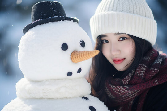 Winter holidays fun and amusement making snowman in the park generative ai