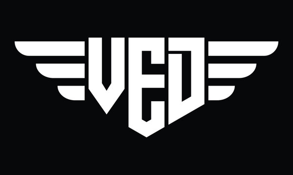 VED three letter logo, creative wings shape logo design vector template. letter mark, word mark, monogram symbol on black & white.