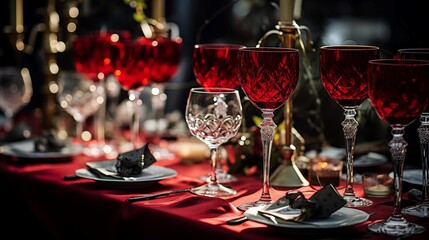Wedding service table with red crystal glasses and romantic atmosphere - obrazy, fototapety, plakaty