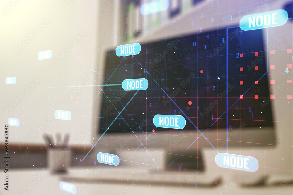 Poster multi exposure of abstract graphic coding sketch and modern desktop with pc on background, big data 