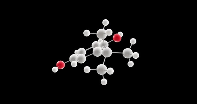 tert-Butylhydroquinone molecule, rotating 3D model of antioxidant e319, looped video on a black background
