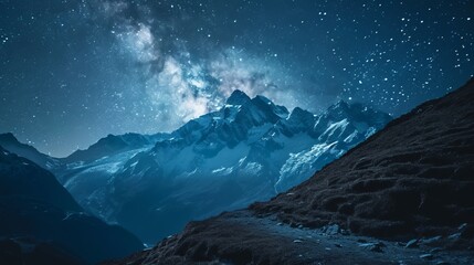 a snowy mountain range at night - obrazy, fototapety, plakaty
