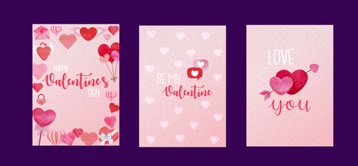 Set of vector watercolor cards for Valentine's day with hearts and flowers