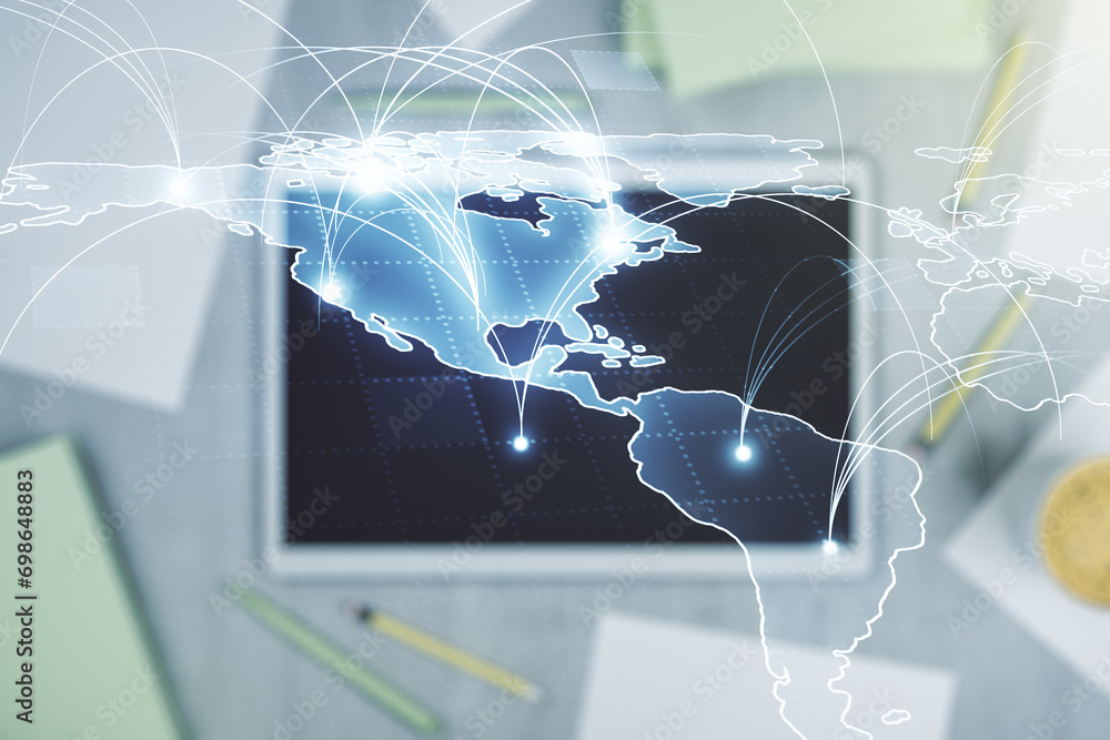 Aufkleber Double exposure of abstract digital world map with connections and modern digital tablet on background, big data and blockchain concept