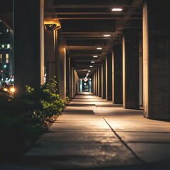 a walkway with pillars and plants