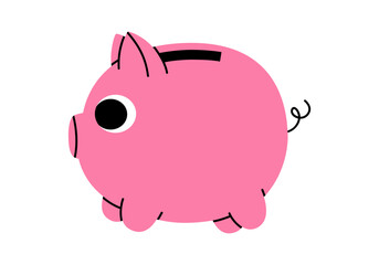 Hand drawn cute cartoon illustration of piggy bank. Flat vector moneybox for savings sticker in colored doodle style. Financial literacy or bank deposit icon or print. Financial cushion. Isolated.