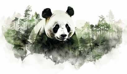 Panda in the forest. Watercolor painting on white background