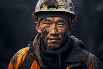 Fototapeta premium Generative AI portrait of a professional worker mining on a mine background