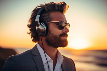 Happy man wearing headphones listening to music breathing fresh air on the street