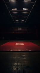 Fototapeta premium full shot on a photo of a wrestling mat in an empty gym in low light with space for text. concept sport, wrestling, gym, competition,