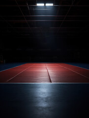 vertical full shot on a photo of a wrestling mat in an empty gym in low light with space for text. concept sport, wrestling, gym, competition, - obrazy, fototapety, plakaty